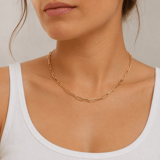 3.4mm paperclip chain in 9ct yellow gold worn around the neck