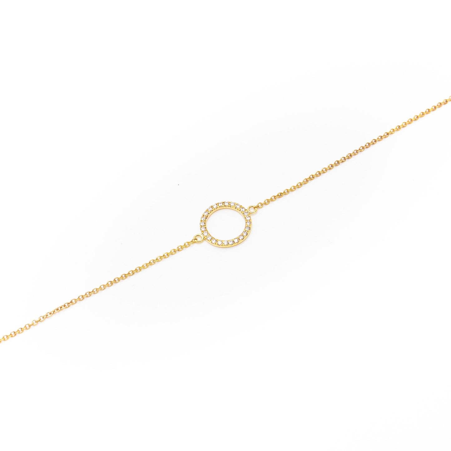 Elegant solid gold circle bracelet with 24 sparkling white diamonds, handmade by Leesha Fine Jewellery