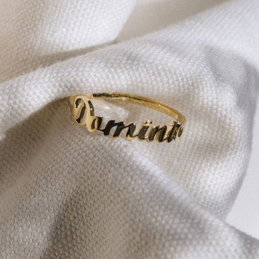 Personalised name ring in 9ct solid gold with custom lettering – handmade dainty stacking ring from South Africa