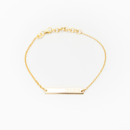 Personalised gold bracelet with sleek name plate design, handcrafted by Leesha Fine Jewellery