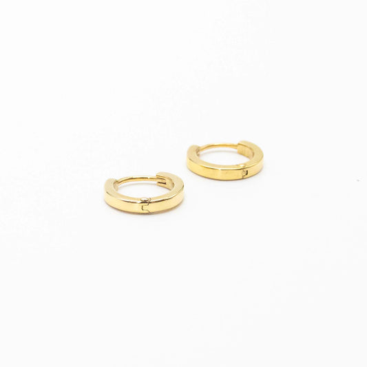 Pair of 9ct yellow gold mini huggie earrings with a polished finish and 10mm outer diameter.