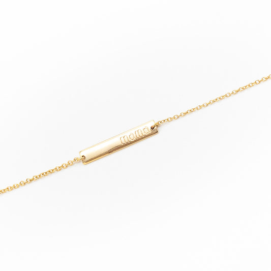 9ct yellow gold personalised name plate bracelet featuring a sleek 24mm x 4mm ID bar and adjustable 16–17cm chain.