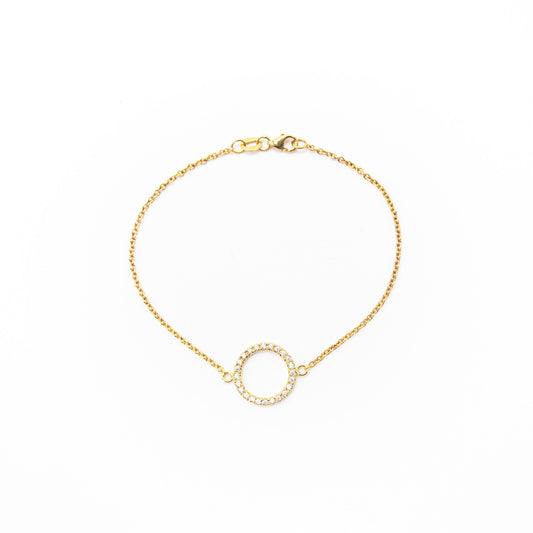 Elegant solid gold circle bracelet with 24 sparkling white diamonds, handmade by Leesha Fine Jewellery