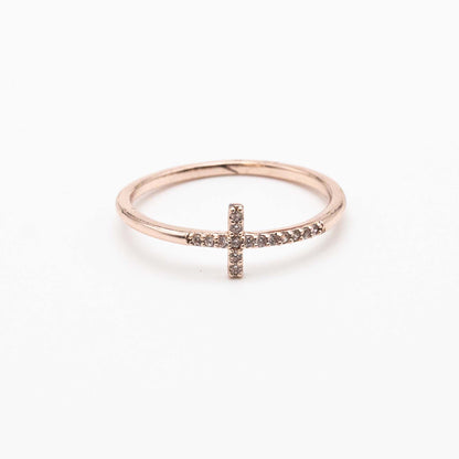 Minimalist gold cross ring with diamonds – spiritual fine jewellery.
