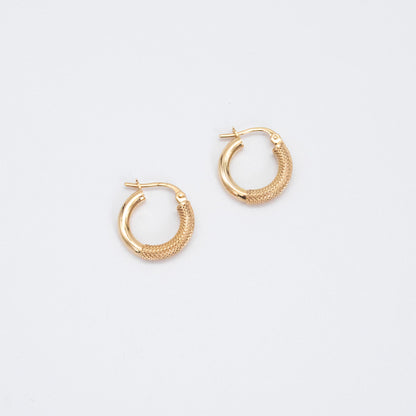 Pair of fancy gold hoops shown flat on a white backdrop