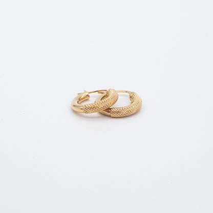 Pair of fancy gold hoops shown flat on a white backdrop