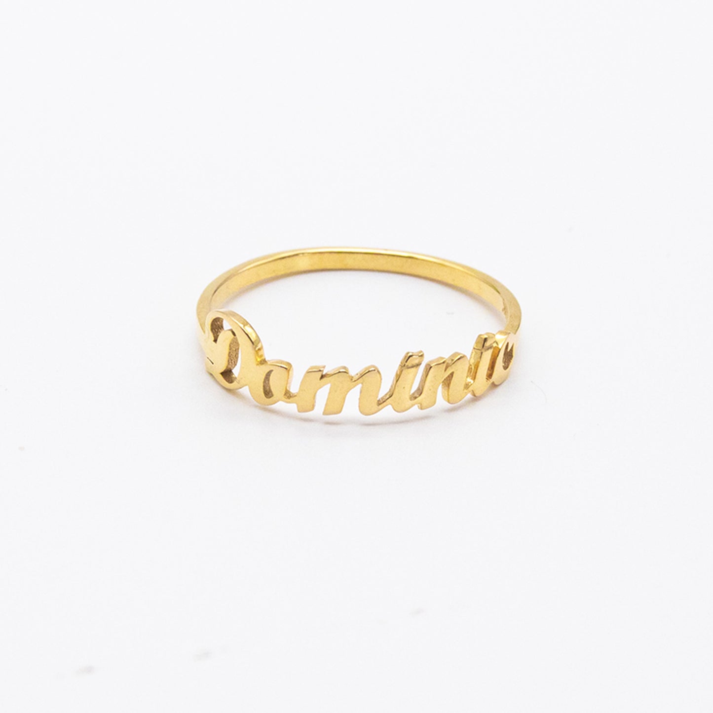 Personalised name ring in 9ct solid gold with custom lettering – handmade dainty stacking ring from South Africa