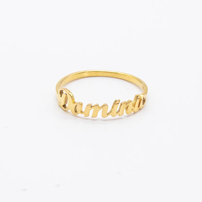 Personalised name ring in 9ct solid gold with custom lettering – handmade dainty stacking ring from South Africa