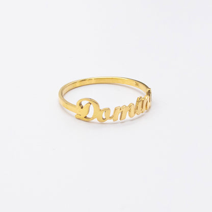 Personalised name ring in 9ct solid gold with custom lettering – handmade dainty stacking ring from South Africa