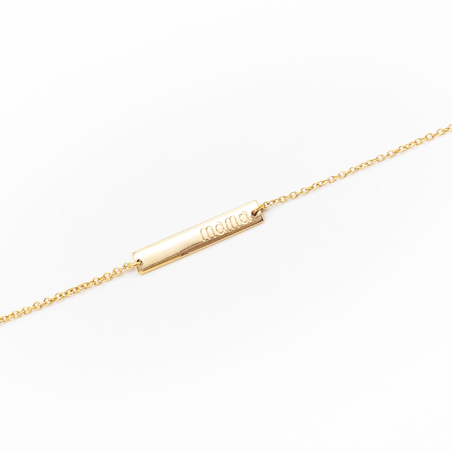 Personalised gold bracelet with sleek name plate design, handcrafted by Leesha Fine Jewellery