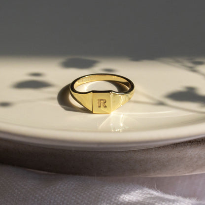 9ct gold pinky signet ring with personalised initial engraving