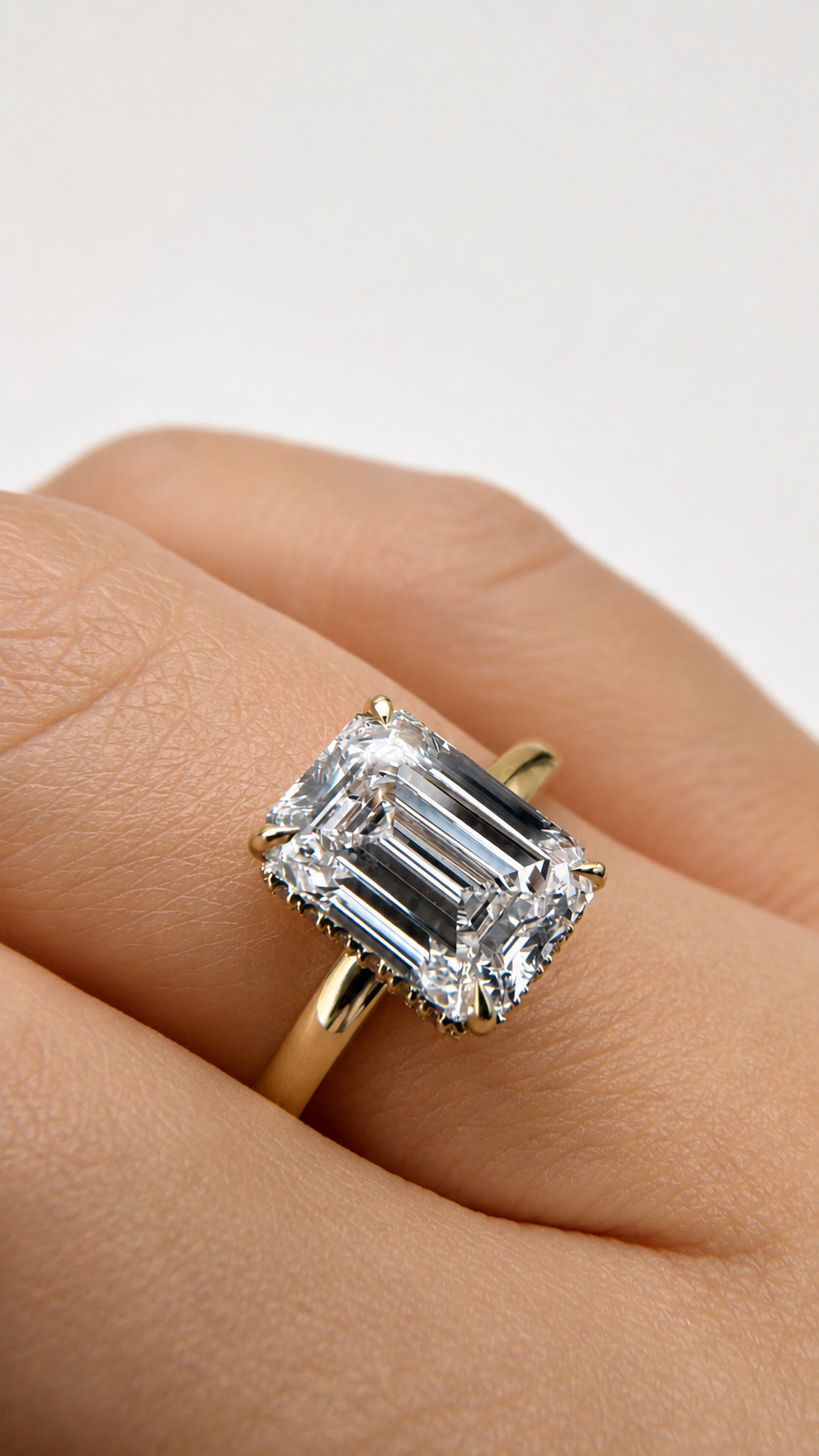 Emerald-cut diamond engagement ring in yellow gold on hand