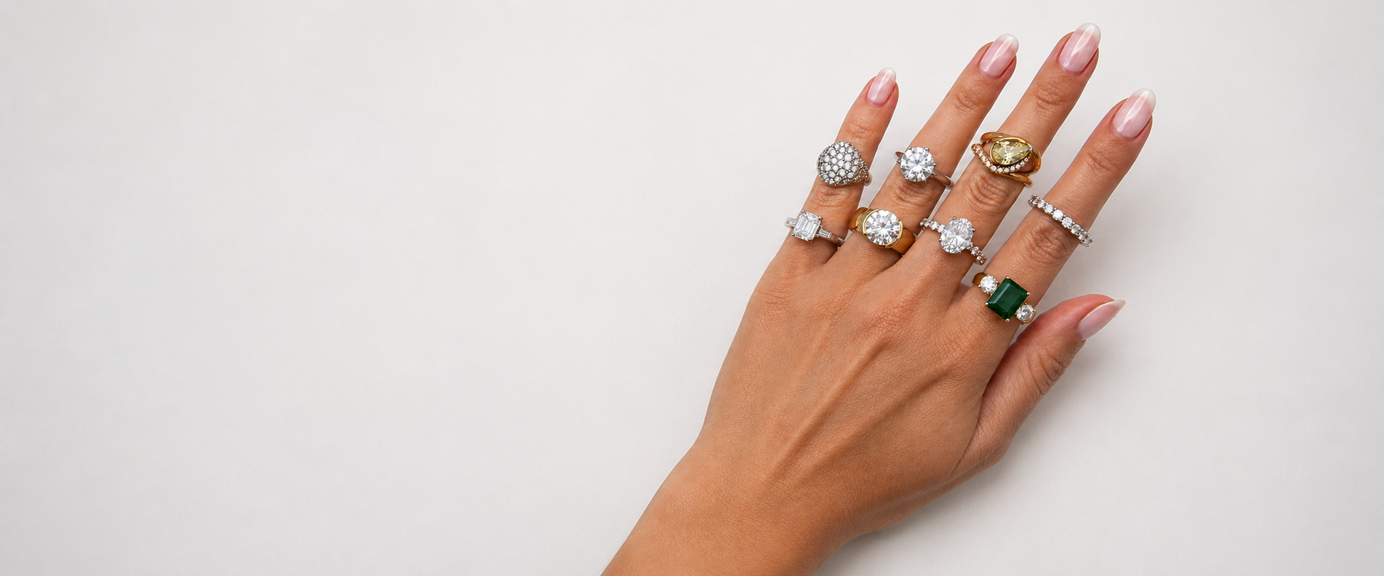 Woman wearing stacked diamond and gemstone rings in gold